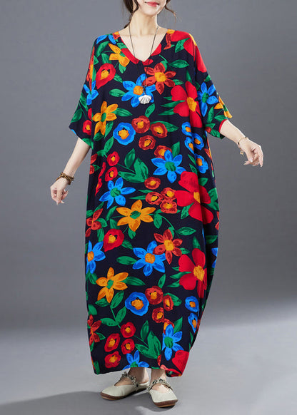 Black Oversized Print Cotton Long Dress Summer