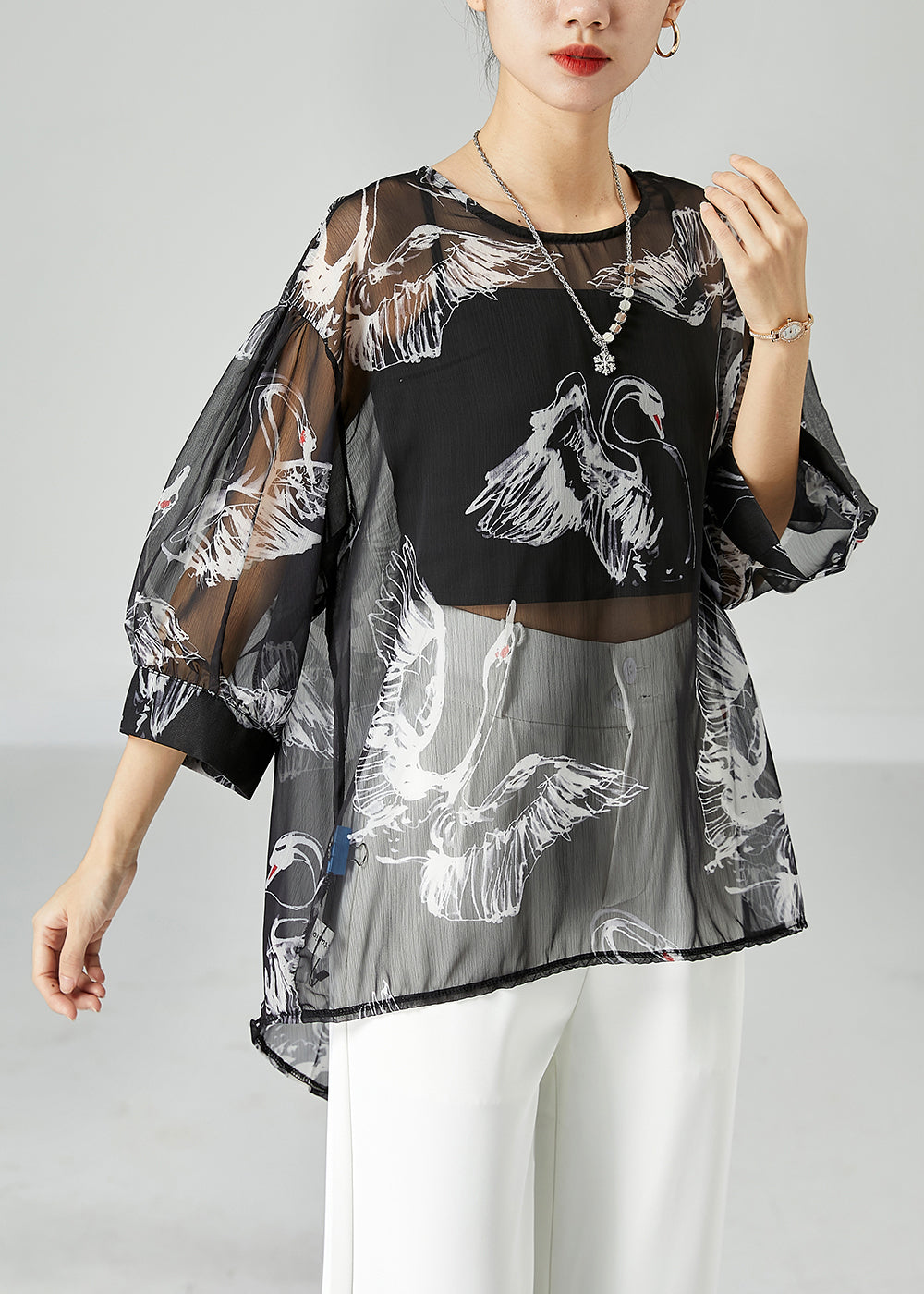 Black Oversized Print Tulle Upf 50+ Tops Bracelet Sleeve