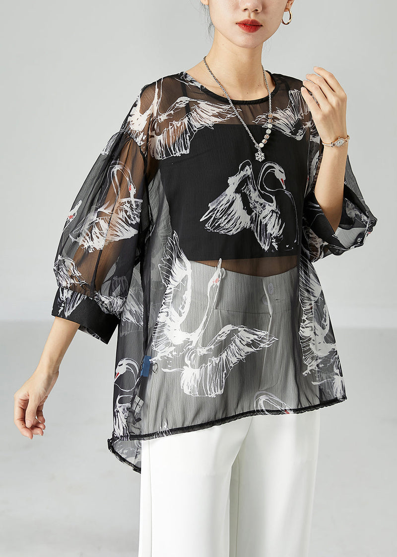 Black Oversized Print Tulle Upf 50+ Tops Bracelet Sleeve