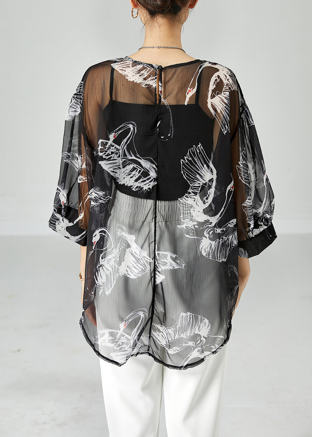 Black Oversized Print Tulle Upf 50+ Tops Bracelet Sleeve