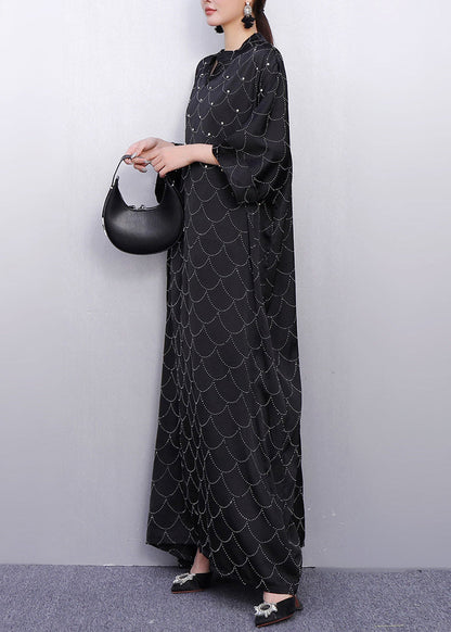 Black Oversized Rhinestone Silk Maxi Dresses Summer
