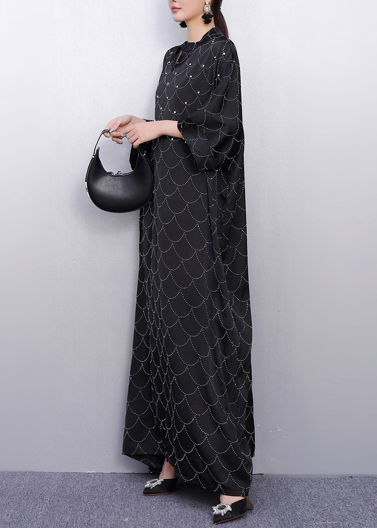 Black Oversized Rhinestone Silk Maxi Dresses Summer