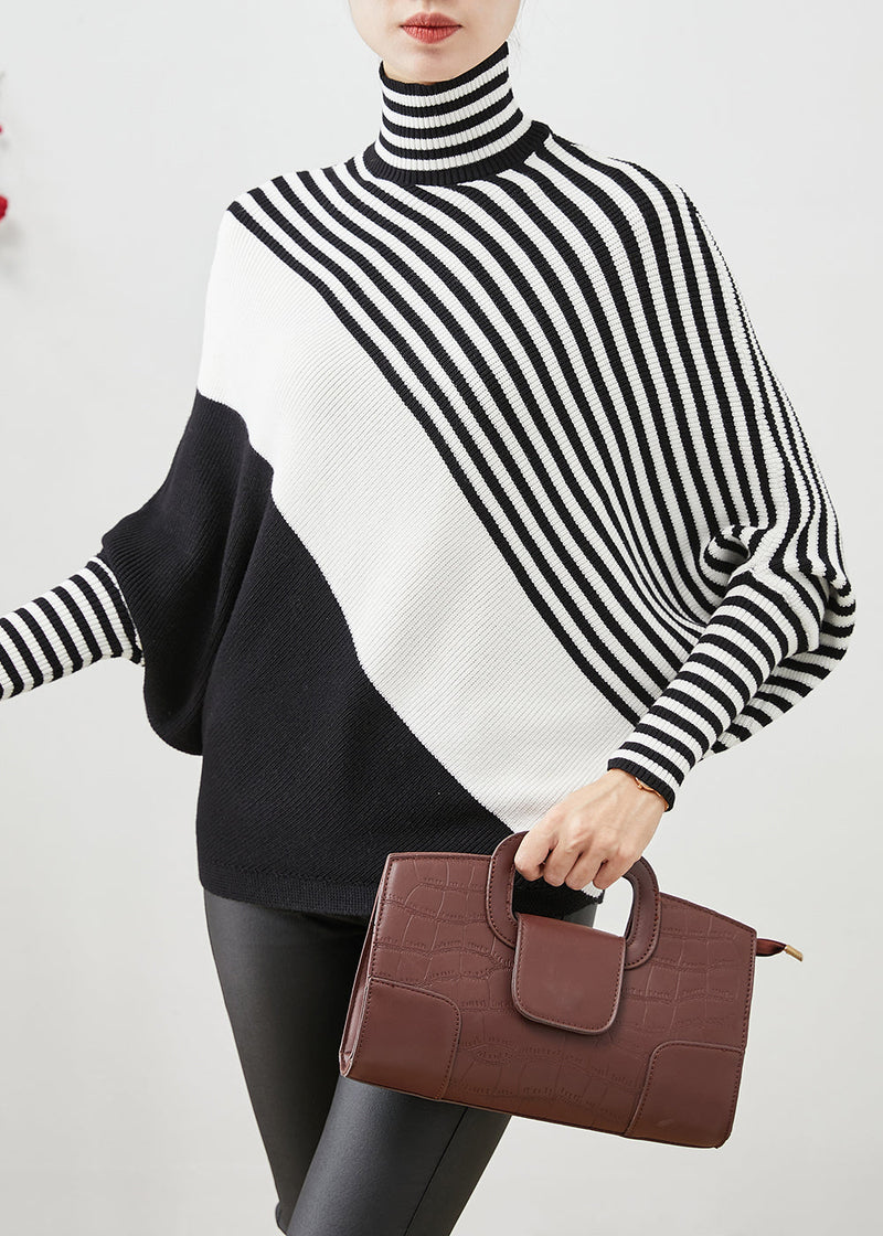 Black Oversized Striped Knit Sweater Batwing Sleeve