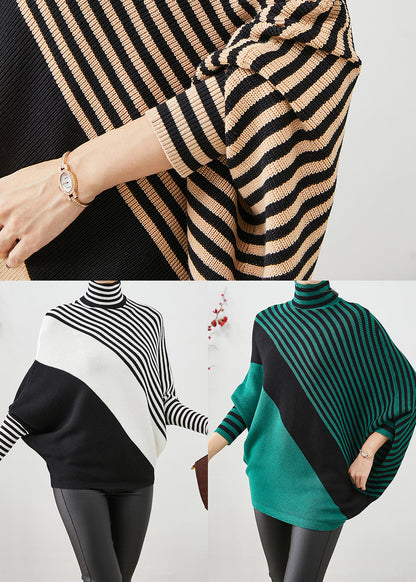 Black Oversized Striped Knit Sweater Batwing Sleeve