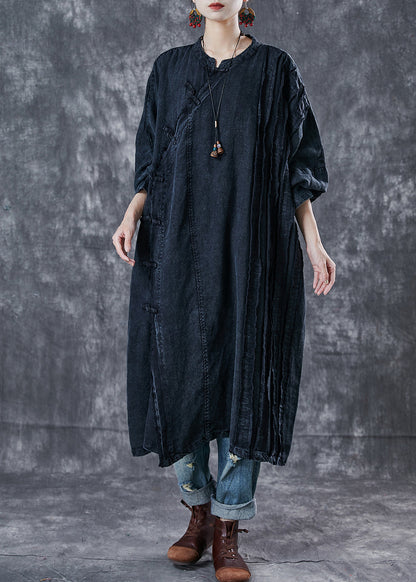 Black Oversized Wrinkled Denim Oriental Dress Spring