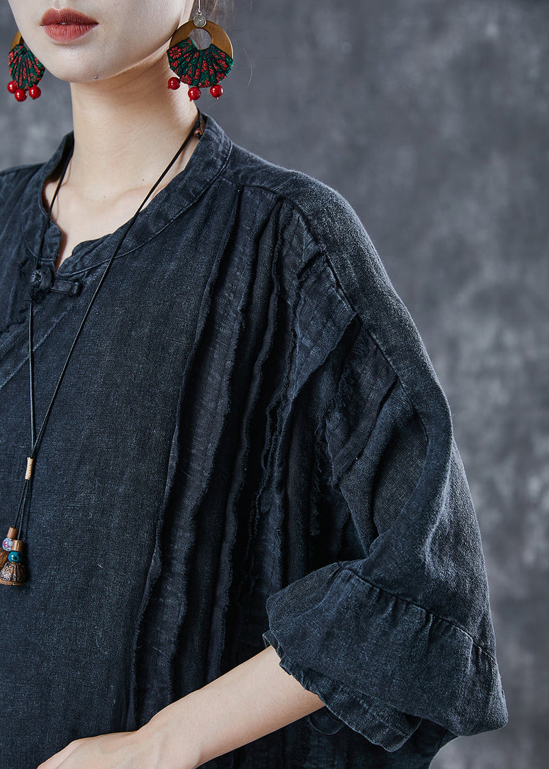 Black Oversized Wrinkled Denim Oriental Dress Spring