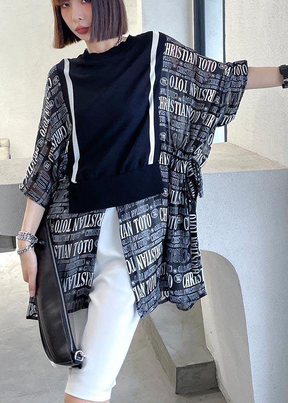 Black Patchwork Graphic Tie Waist Blouse Tops Summer