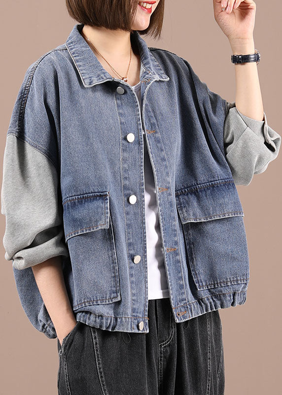 Black Patchwork Pockets Fall Denim Jackets Long Sleeve1