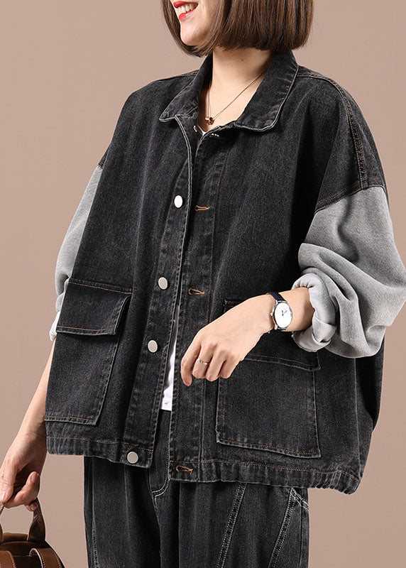 Black Patchwork Pockets Fall Denim Jackets Long Sleeve1