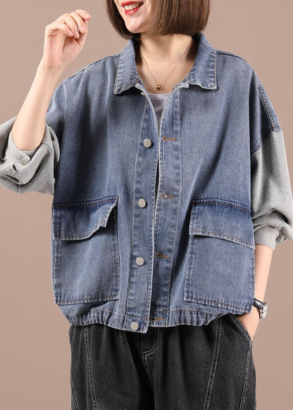Black Patchwork Pockets Fall Denim Jackets Long Sleeve