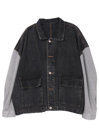 Black Patchwork Pockets Fall Denim Jackets Long Sleeve1