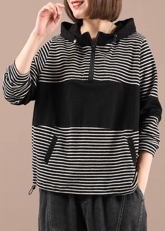 Black Patchwork Striped Hooded Pockets Fall Pullover