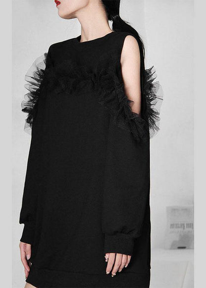 Boho Black Patchwork Tulle Cold Shoulder Long sleeve Pullover Sweatshirt