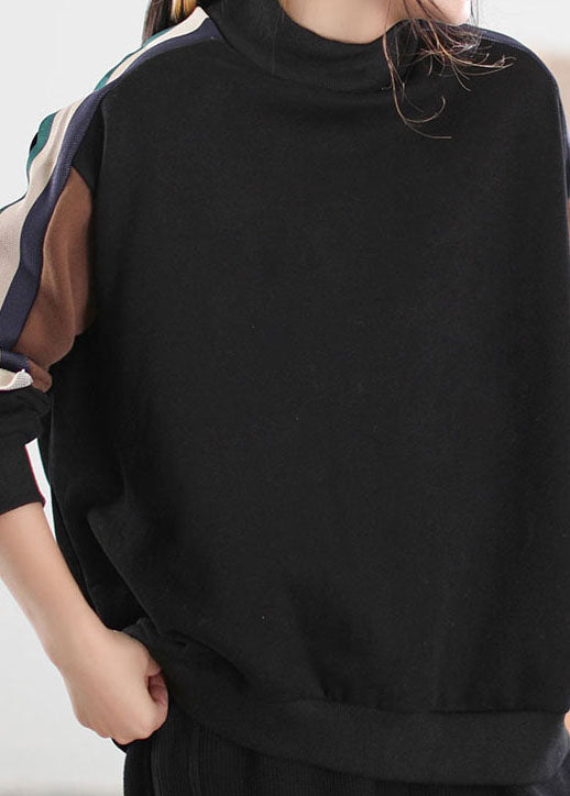 Black Patchwork Warm Fleece Sweatshirts Tracksuits Winter