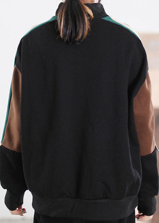 Black Patchwork Warm Fleece Sweatshirts Tracksuits Winter