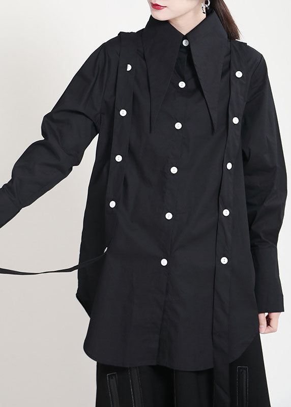 Black Peter Pan Collar Button Asymmetrical Design Patchwork Fall Shirts Long Sleeve