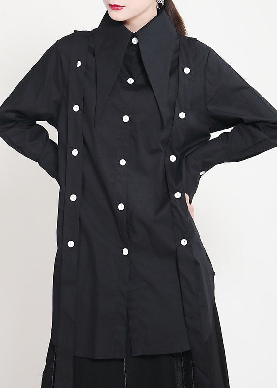 Black Peter Pan Collar Button Asymmetrical Design Patchwork Fall Shirts Long Sleeve