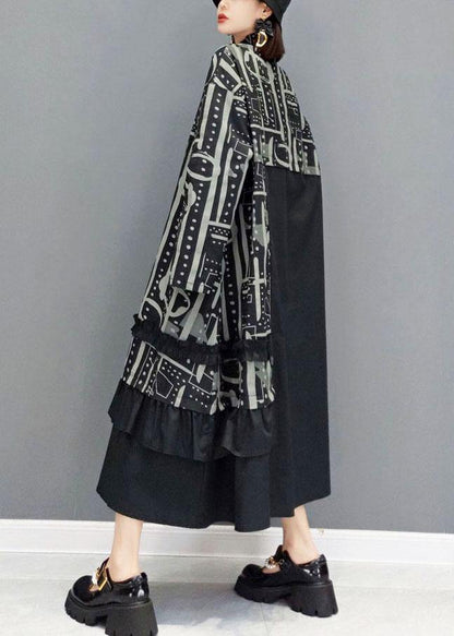 Black Peter Pan Collar Button Print Asymmetrical Design Dress Fall Long Sleeve