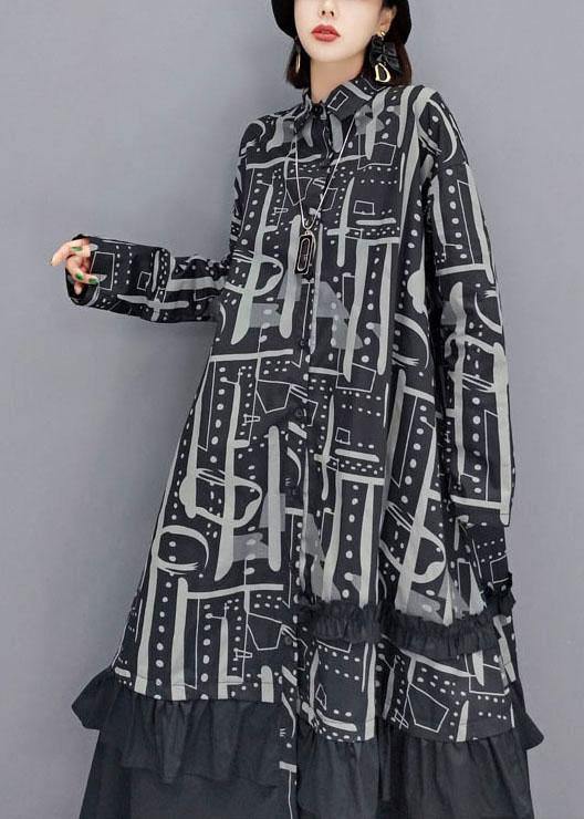Black Peter Pan Collar Button Print Asymmetrical Design Dress Fall Long Sleeve