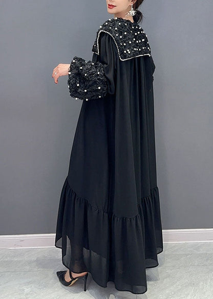 Black Peter Pan Collar Nail Bead Patchwork Long Cotton Dress Spring