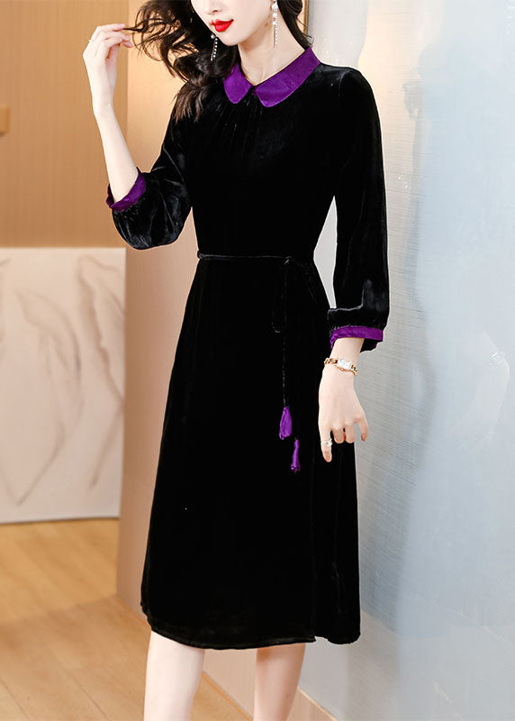 Black Peter Pan Collar Patchwork Silk Velour Maxi Dresses Long Sleeve