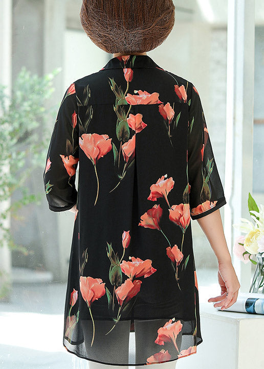 Black Peter Pan Collar Print Button Silk Tops Bracelet Sleeve