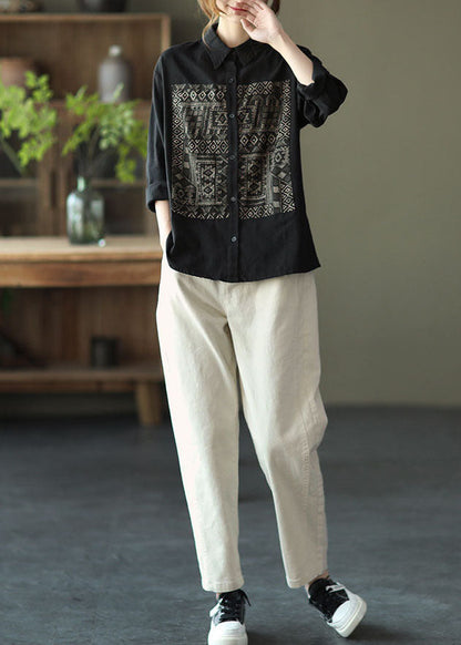 Boho Black Peter Pan Collar Print Cotton Shirt Tops Long Sleeve