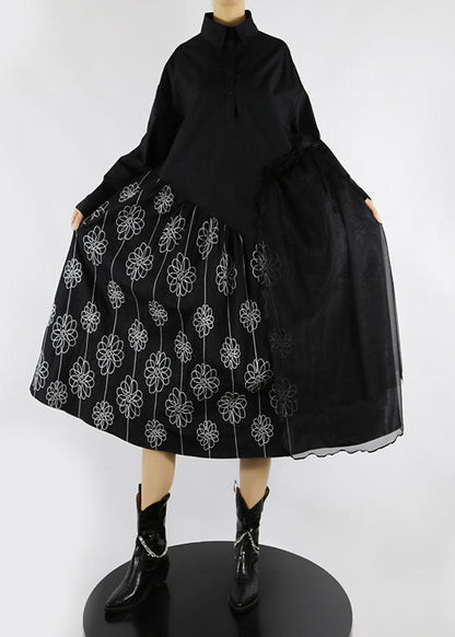 Black Peter Pan Collar Print Tulle Patchwork Shirt Dresses Spring