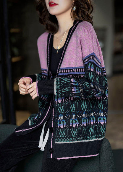 Black Pink Oversized Patchwork Lazy Knit Cardigan Winter