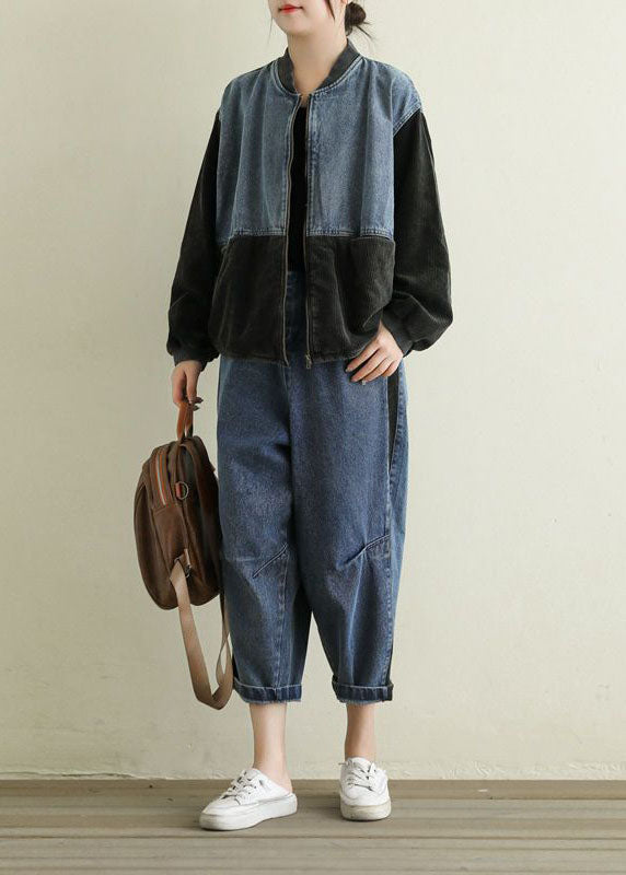 Black Pockets Corduroy Patchwork Denim Jackets Spring