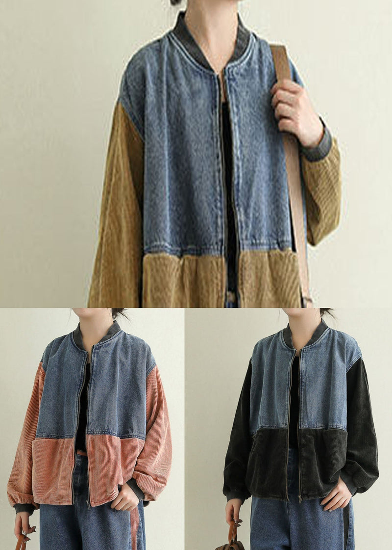 Black Pockets Corduroy Patchwork Denim Jackets Spring