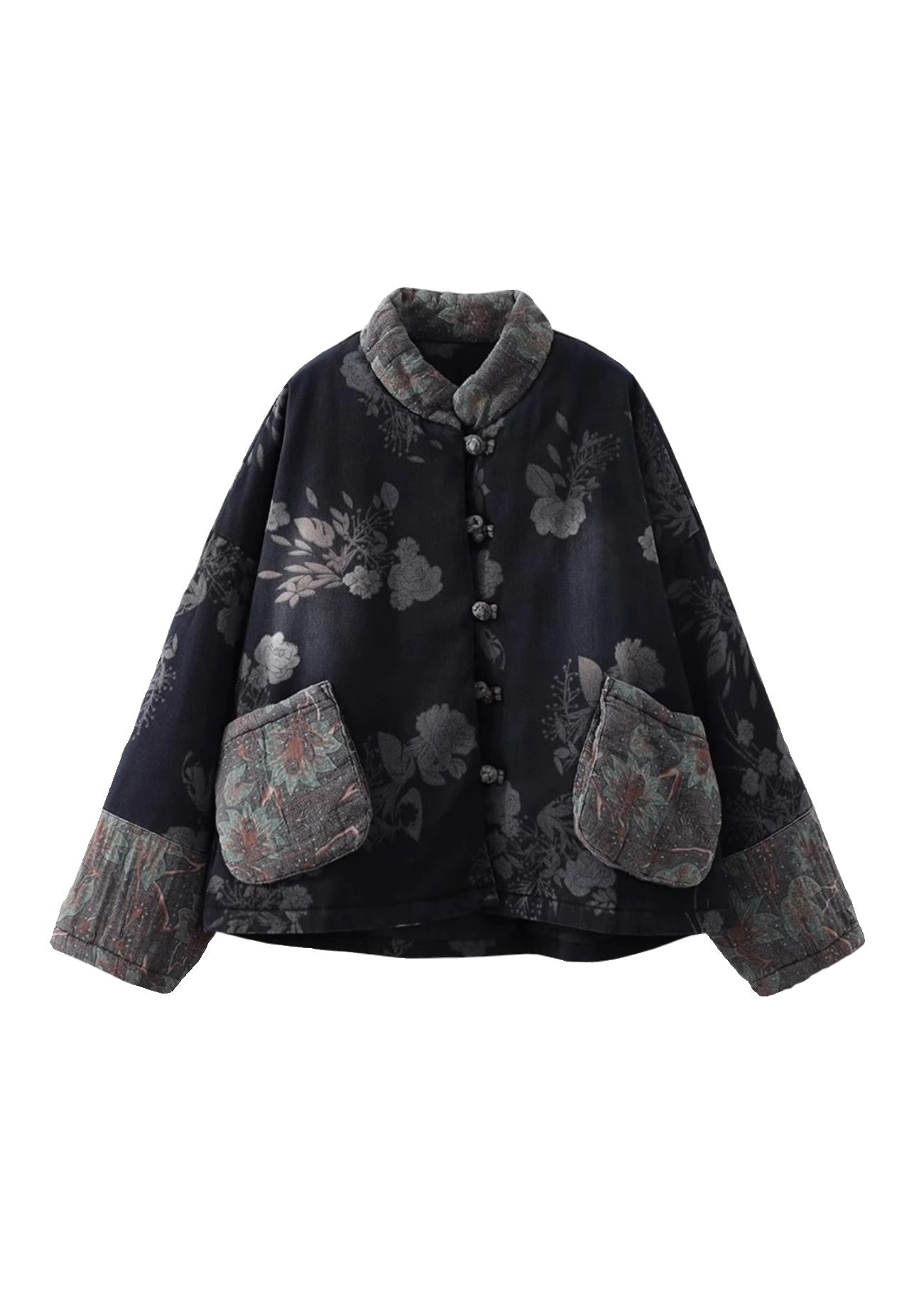 Black Pockets Print Denim Warm Fleece Coats Winter