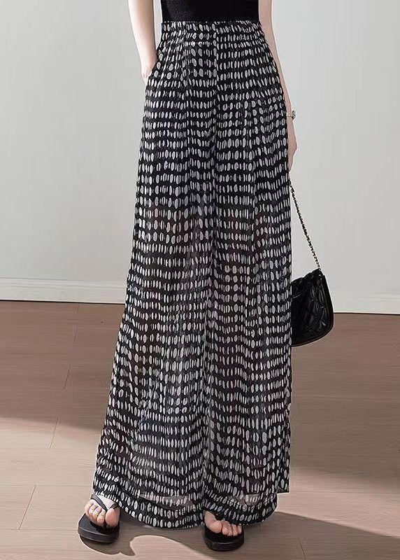 Black Pockets Print Elastic Waist Chiffon Pants Summer