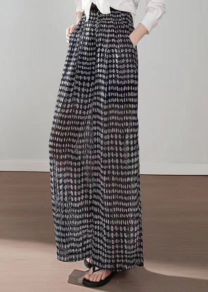Black Pockets Print Elastic Waist Chiffon Pants Summer