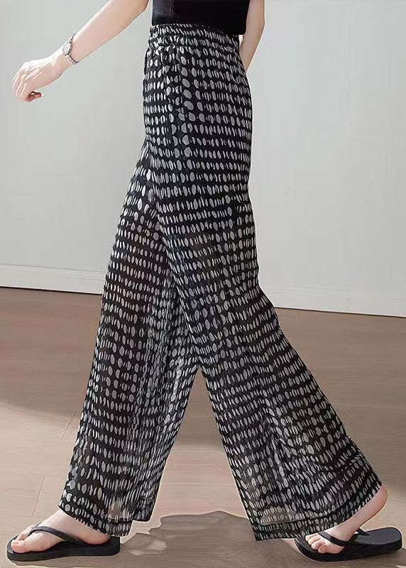 Black Pockets Print Elastic Waist Chiffon Pants Summer