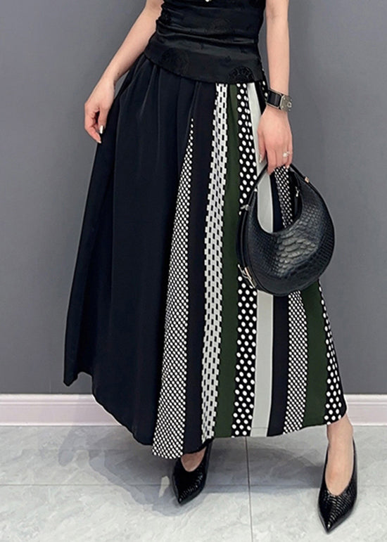 Black Pockets Print Patchwork Chiffon Wide Leg Pants Summer
