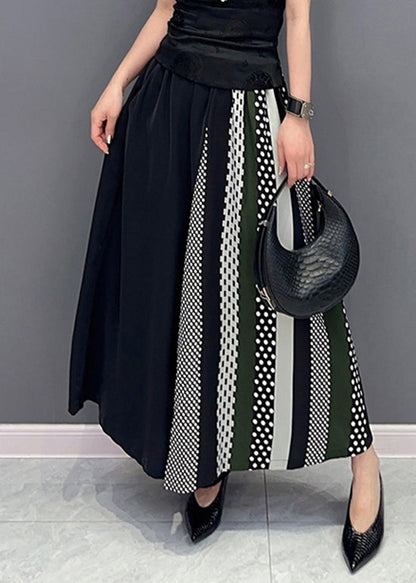Black Pockets Print Patchwork Chiffon Wide Leg Pants Summer
