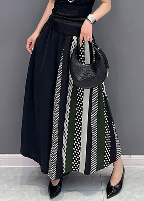 Black Pockets Print Patchwork Chiffon Wide Leg Pants Summer