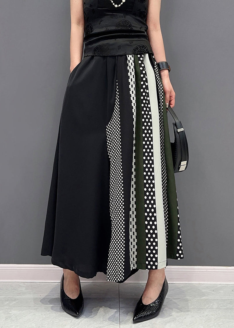 Black Pockets Print Patchwork Chiffon Wide Leg Pants Summer