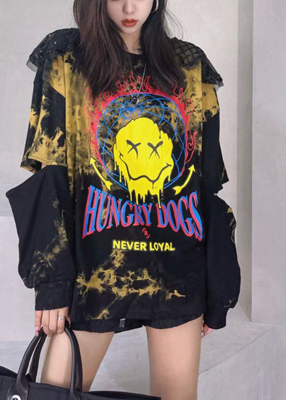Black Print Patchwork Tie Dye Sequins Fall Sweatshirt