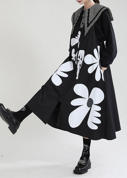 Black Print Patchwork Asymmetrical Design Zippered Fall Dress