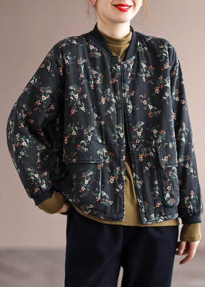 Black Print Pockets Patchwork Fine Cotton Filled Jackets Winter