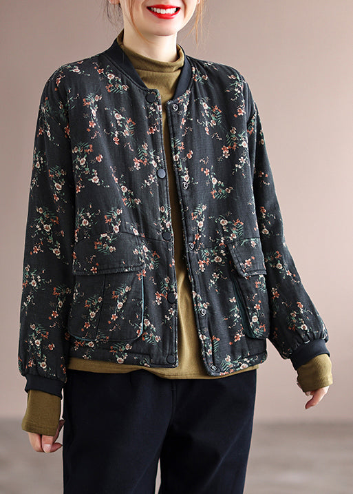 Black Print Pockets Patchwork Fine Cotton Filled Jackets Winter