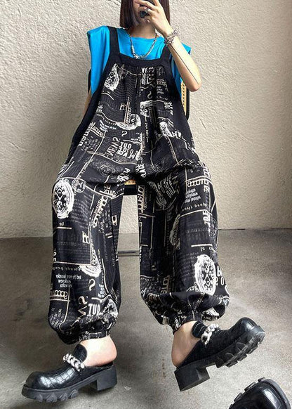 Black Print Pockets Carpenter Pants Pants