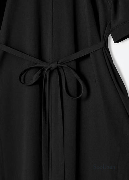 Black Puff Sleeve Tie Waist Cotton Party Dress