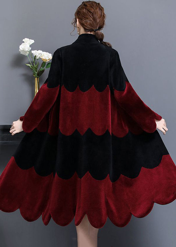 Black Red Stand Collar Patchwork Wool Coat Winter