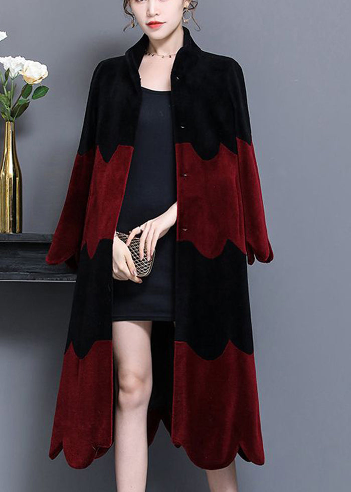 Black Red Stand Collar Patchwork Wool Coat Winter