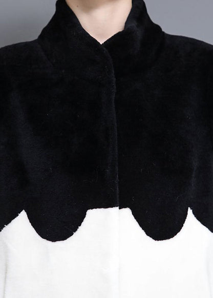 Black Red Stand Collar Patchwork Wool Coat Winter