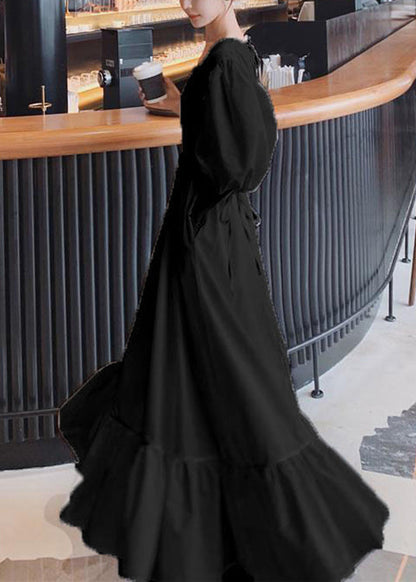 Black Ruffled Lace Up Patchwork Cotton Long Dresses Summer