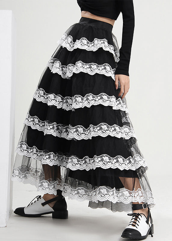Black Ruffled Patchwork Tulle Skirt Spring